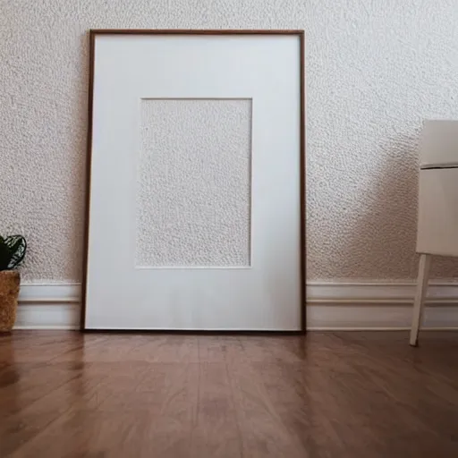 Prompt: minimalist clean bright mockup photo of large blank frame on floor with light wooden moulding, white background wall, light boho carpet, trending on etsy