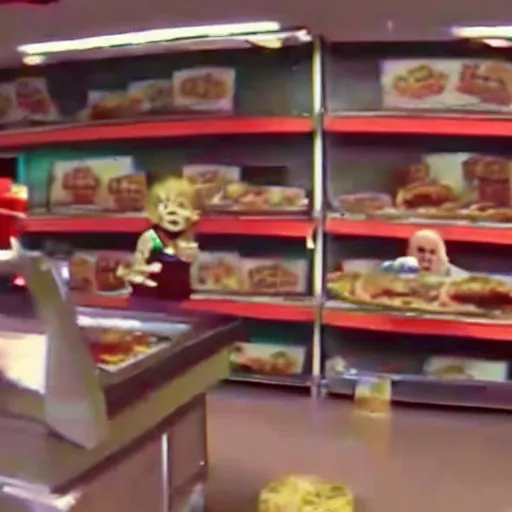 Prompt: security camera footage of chucky doll screaming at customers eating pizza