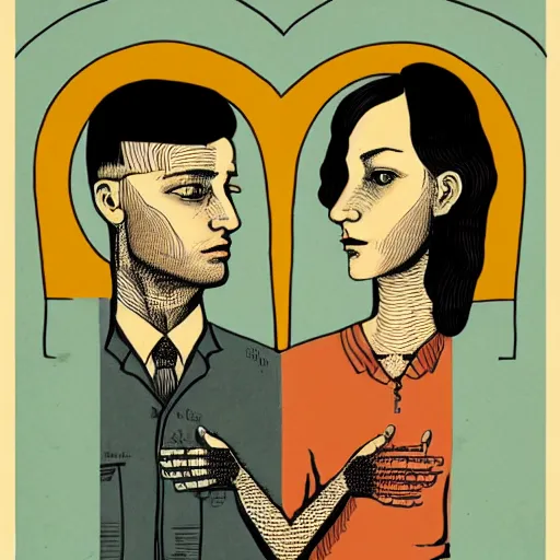 Image similar to perfectly centered symmetrical split male and female portrait of man and woman in love sharing one heart. illustration, highly detailed, simple, no jagged lines, smooth, artstation, artwork by ravi zupa