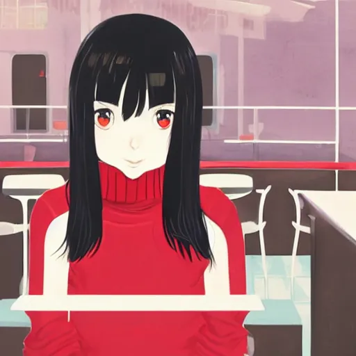 Prompt: a portrait of a beautiful girl with long black hair and bangs, wearing a red turtleneck sweater, she has red colored eyes and pale skin, sitting in a cafe alone, cozy cafe background, night time, low-key neon lighting, official media, anime key visual, makoto shinkai, ilya kuvshinov, lois van baarle, rossdraws, highly detailed, trending on artstation