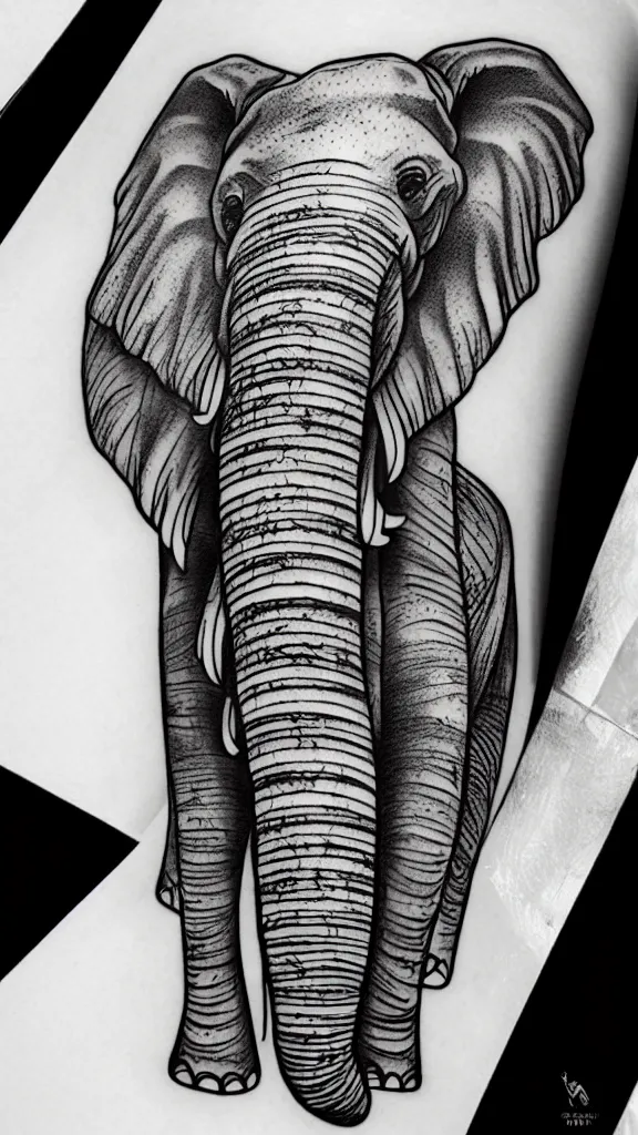 Prompt: small realistic fine line art tattoo of a stylized elephant with abstract geometric patterns, fine line tattoo, highly detailed, hd, concept