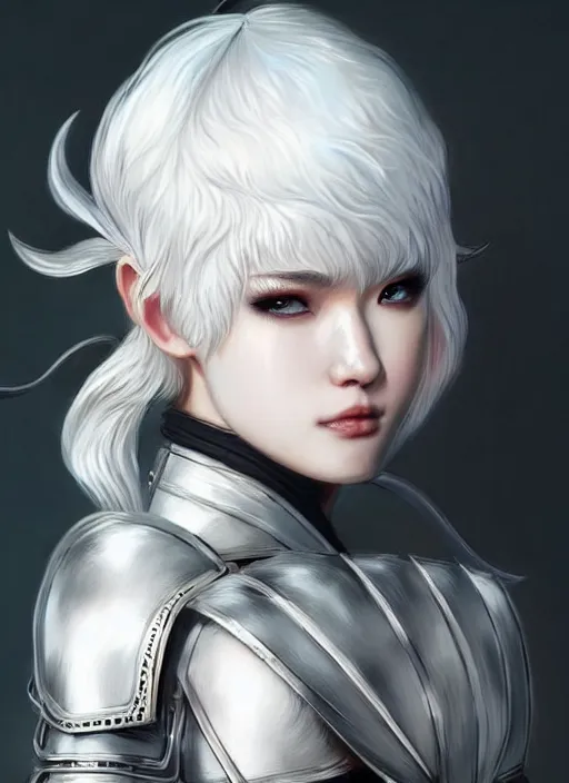 Prompt: warrior, fur - lined light armor!!! beautiful and elegant white hair female!! gorgeous ayes!! character concept art, sharp focus, octane render! unreal engine 5! highly rendered!! trending on artstation!! detailed linework!! illustration by artgerm, wlop, and chie yoshii