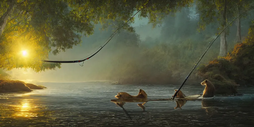 Image similar to breathtaking painting of cute otter hanging fishing rod and fishing on coast of river, morning forest, octane render, artstation, stylized, HDR, smooth light, morning light, 8k