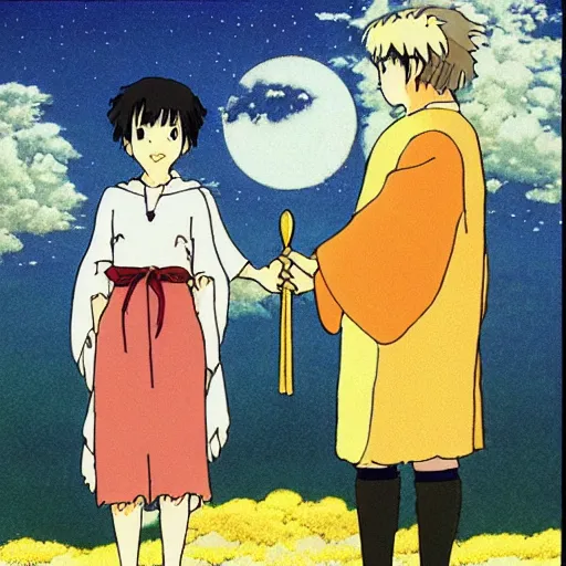 Image similar to the marriage of the moon and the sun, studios ghibli style