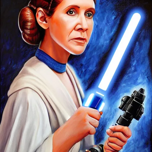 Prompt: painting of Princess Leia holding a blue lightsaber