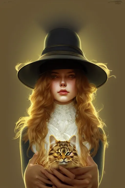 Image similar to symmetry!! girl with siberian cat in a hat!!, intricate, elegant, highly detailed, digital painting, artstation, concept art, smooth, sharp focus, illustration, art by artgerm and greg rutkowski and alphonse mucha, 8 k