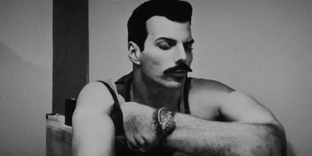 Image similar to freddie mercury sits in a russian prison, black and white photo, realism, 3 5 mm, good lighting