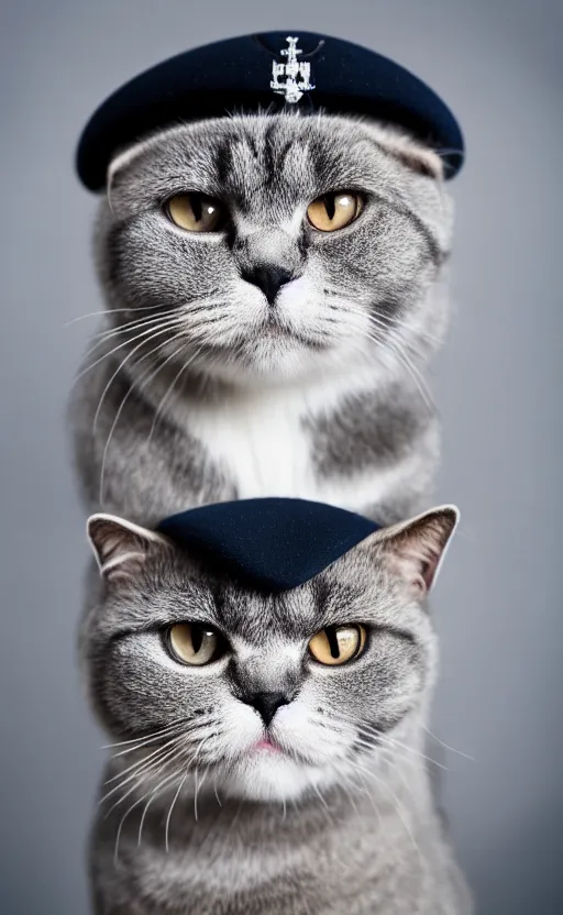 Prompt: front portrait photo of scottish fold cat wearing a black military hat, pure grey fur, highly detailed, high resolution, cosplay photo, stunning, bokeh soft, trending on instagram, by professional photographer, soldier clothing, american military uniform, shot with a canon