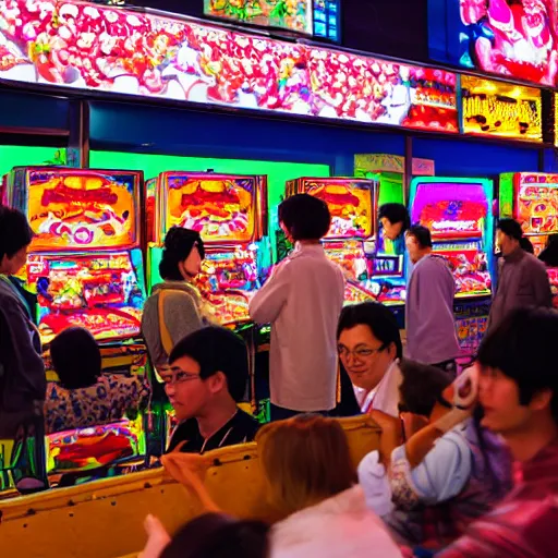 Image similar to a bunch of people at a japanese arcade