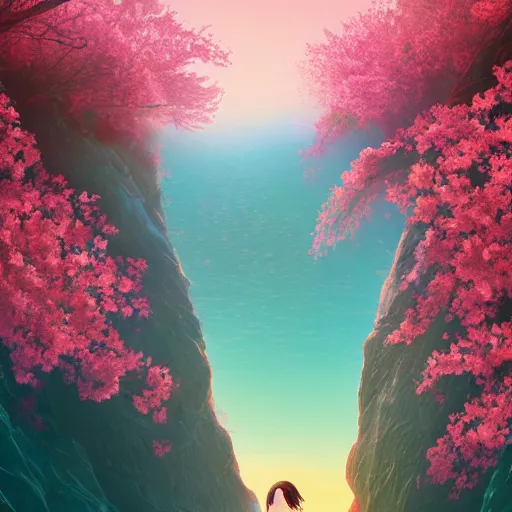 Image similar to giant cherry blossom flower as a head, girl walking in a canyon, surreal photography, sunrise, dramatic light, impressionist painting, colorful clouds, digital painting, artstation, simon stalenhag