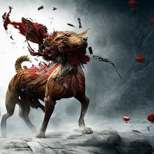 Image similar to The Chinese Zodiac sign of dog warrior, traditional Chinese textures, hyper detail, Unreal engine,Octane render, by Brooke Shaden