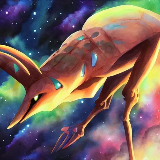 Image similar to alien extraterrestrial pokemon in space. watercolor. dramatic. amazing painting. formal. beautiful. high resolution. highly realistic. close - up. trending on artstation