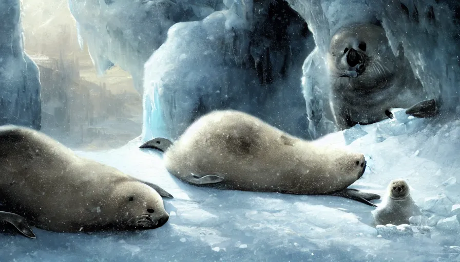 Prompt: highly detailed closeup painting of daddy seal looking after cute furry white baby seals inside a snowy fantasy ice crystal cavern by william turner, by greg rutkowski, by william constable, thick brush strokes and visible paint layers, 4 k resolution