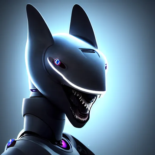 Image similar to very very beautiful furry art, bust profile picture of a male robotic anthro shark, dark visor covering face, snout under visor, commission on furaffinity, cgsociety, octane render, disney
