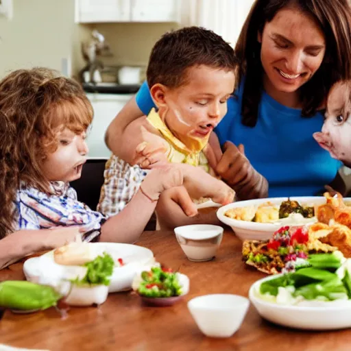 Image similar to a family sitting around the dinner table eating parts of a live cow