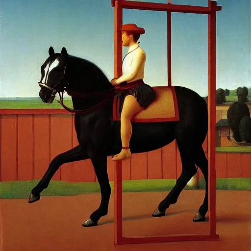 Image similar to a horse-training-show by Raphael, Hopper, and Rene Magritte. detailed, romantic, enchanting, trending on artstation.