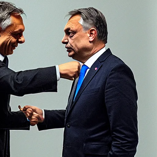 Image similar to Viktor Orban handshake to Andrew Tate, Hyperrealistic, 8k UHG,