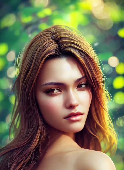 Image similar to photo of a gorgeous female in the style of stefan kostic, realistic, half body shot, sharp focus, 8 k high definition, insanely detailed, intricate, elegant, art by stanley lau and artgerm, extreme bokeh foliage