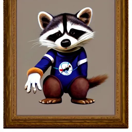 Image similar to painting of an anthropomorphic furry cute baby raccoon astronaut by disney, pixar