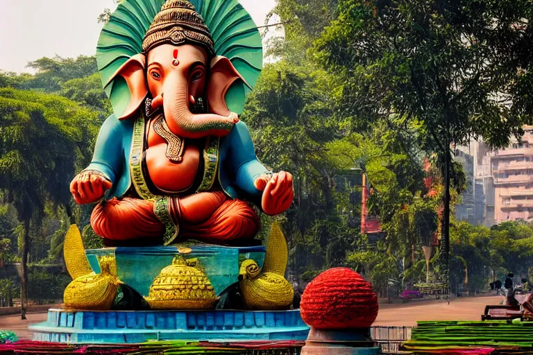 Image similar to beautiful futuristic new delhi, sharp biophilic ganesha!! building, kalighat flowers, highly detailed, stephen shore & john j. park, cinematic morning light, wide shot, ground angle, uhd 8 k, sharp focus