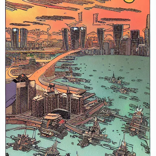 Image similar to singapore under attack, by moebius