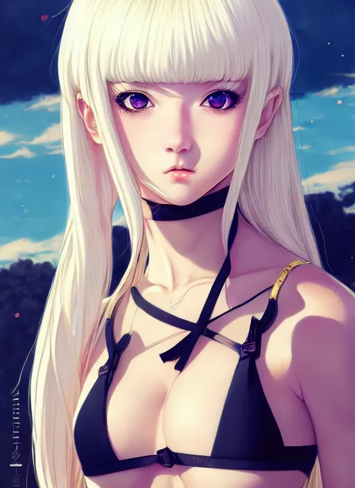 Image similar to portrait Anime girl in bikini armor, cute-fine-face, white-hair pretty face, realistic shaded Perfect face, fine details. Anime. realistic shaded lighting by Ilya Kuvshinov and ((((Gustav Klimt))))