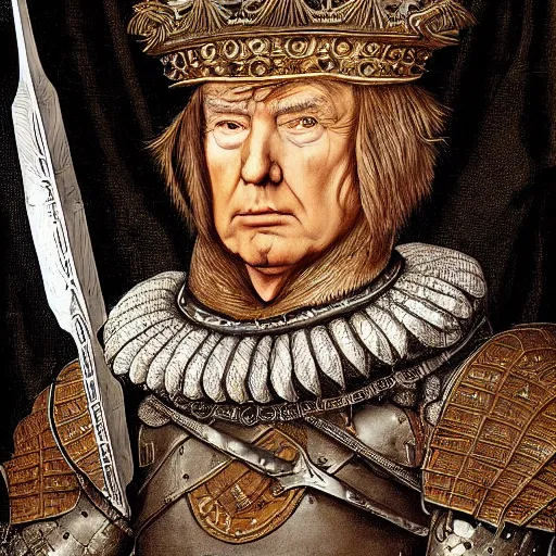 Prompt: donald trump wearing knights armor, donald trump holding a crazy broadsword, donald trump ’ s highly detailed face, by hans holbein