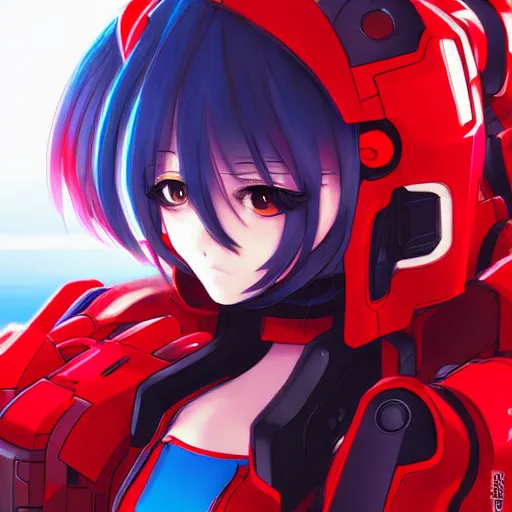 Image similar to digital anime art, cute mech girl wearing a red mech suit. blue eyes. wlop, rossdraws, sakimimichan