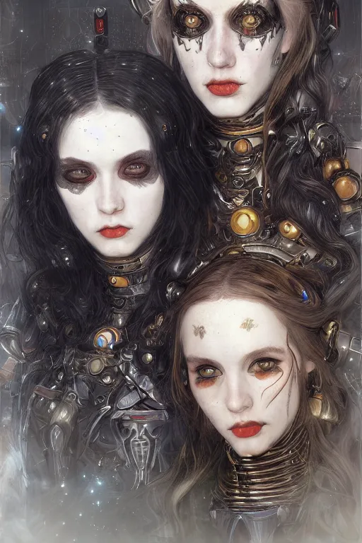 Image similar to portrait of two beautiful young gothic cyborg maidens, cyberpunk, Warhammer, kiss, highly detailed, artstation, illustration, art by Gustav Klimt