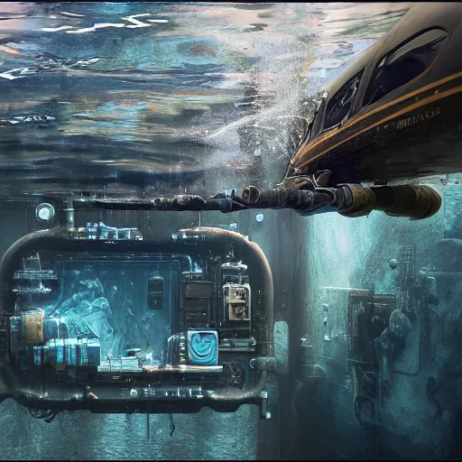 Prompt: A beautiful very hyper realistic detailed matte painting of an underwater scene in very clear water of a very shiny detailed submarine control panel made of motherboards , by Sparth and Jeff Simpson and beeple and Robin Eley famous hyperrealism artists, clearest water in the world, octane render