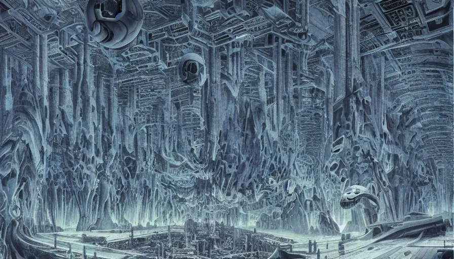 Prompt: the depths of a vast artificial world with massive towering pillars holding the ceiling of the artificial, mechanical realm up, detailed, cobalt coloration, energetic beings patrolling, extreme depth, wayne barlowe and mc escher collaboration, abyss, colossal hovering machine automations of brutalist design visible in the foreground