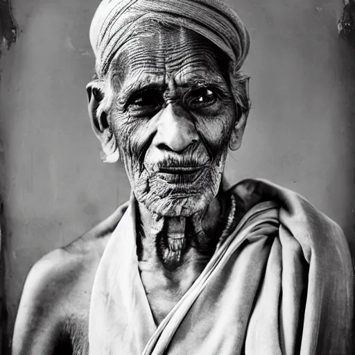 Prompt: photo, portrait of 100 year old Indian holy man by richard avedon, realistic, hasselblad, medium format, cinematic lighting, wet plate photography, parallax, high resolution,