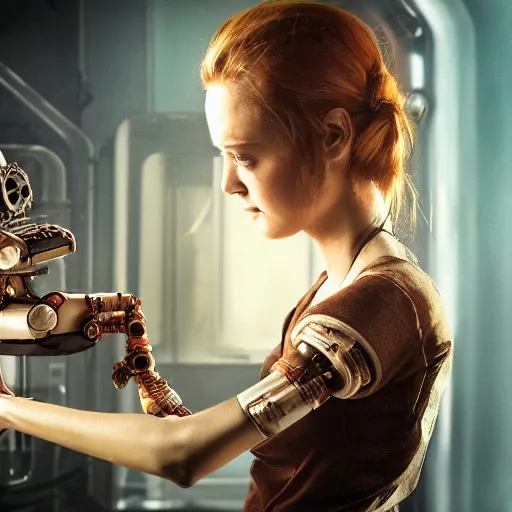 Image similar to a rusting female android holds a broken toaster in her arms, steampunk, android with gears and springs falling out, highly detailed robotic anatomy, high resolution film still, movie by Denis Villeneuve