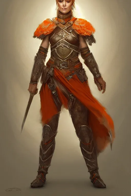 Image similar to full - body portrait of a ranger, female, white and orange breastplate, magical, high fantasy, d & d, by craig mullins, face details, extremely detailed, digital illustration