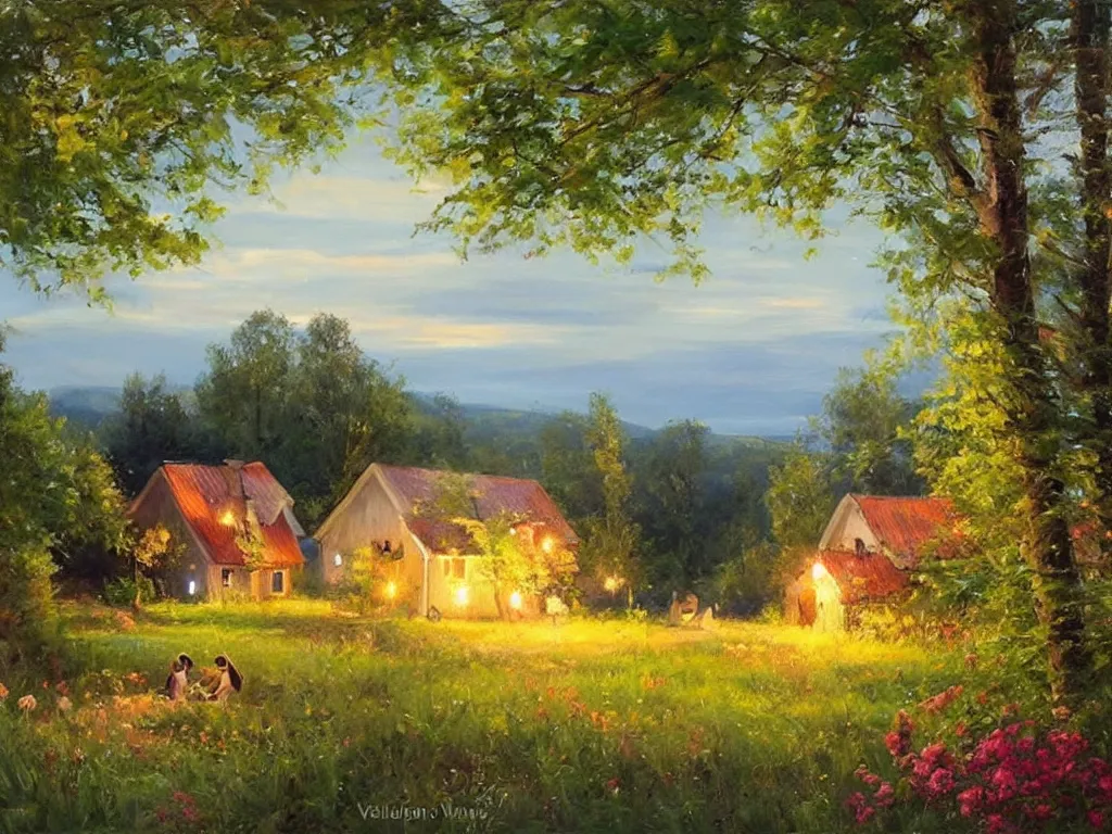 Image similar to A beautiful night in the swedish countryside, painting by Vladimir Volegov