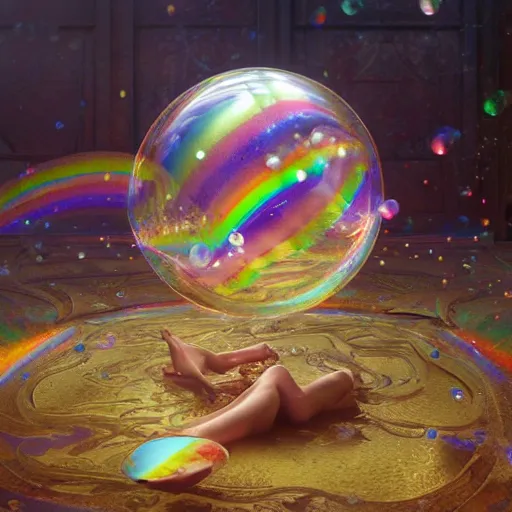 Image similar to perfume floating in rainbow soap bubbles, path traced, environment, highly detailed, concept art, realistic, octane render, up close shot shinji aramaki, karol bak, alphonse mucha