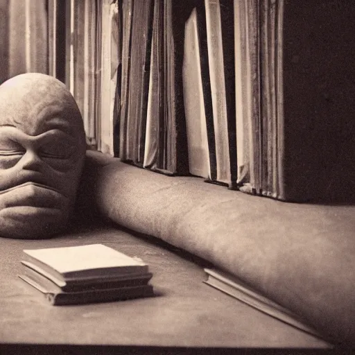 Prompt: a disturbing, melancholy photograph of a solemn, lonely humanoid golem locked up in a synagogue attic, laying on a pile of books