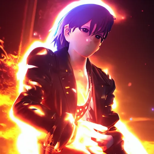 Image similar to an epic anime of a energy man, leather jacket, leather gloves, ghibli, unreal 5, octane render, rpg portrait, dynamic lighting, epic, epic anime, 2 d