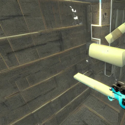 Image similar to One does not just simply acquire a gravity gun, Garry's mod, ultrarealistic