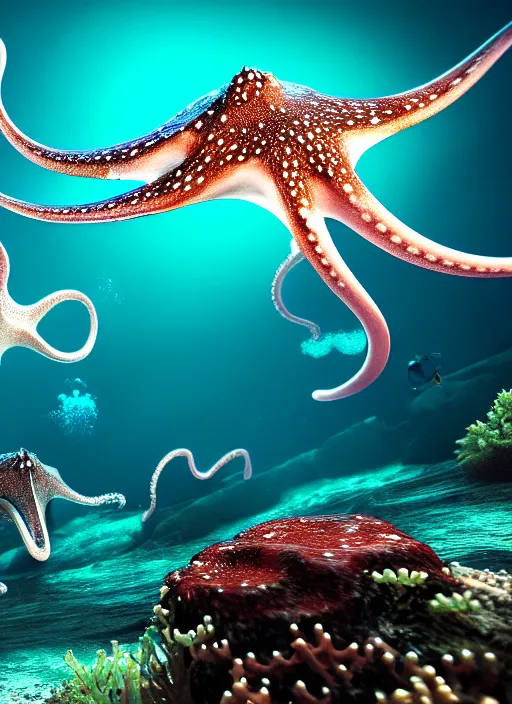 Image similar to realistic detailed image of a white-spotted octopus pointing to three dudes snorkeling at night, cinematic, hyper realism, high detail, octane render, unreal engine, 8k, extremely detailed, 8k.