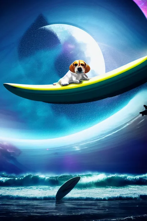 Image similar to beagle dog surfing a surfboard on a sparkly crashing wave of alien ocean in space, background is a moon in nebula, aliens in the background, alien neon colors, octane render, unreal engine, wide view, 8 k, highdetaild