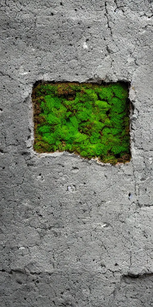 Prompt: a highly eroded cast block of concrete. The concrete has large holes and deep crevices. The block is standing upright. The block is centered in the frame. The block has a white background. Moss is growing in the eroded crevices. The block is a contemporary house.