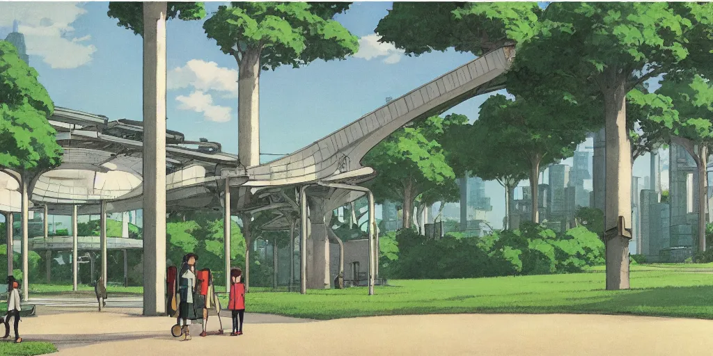 Prompt: A solarpunk reactor building in a city park, by Studio Ghibli and Edward Hopper