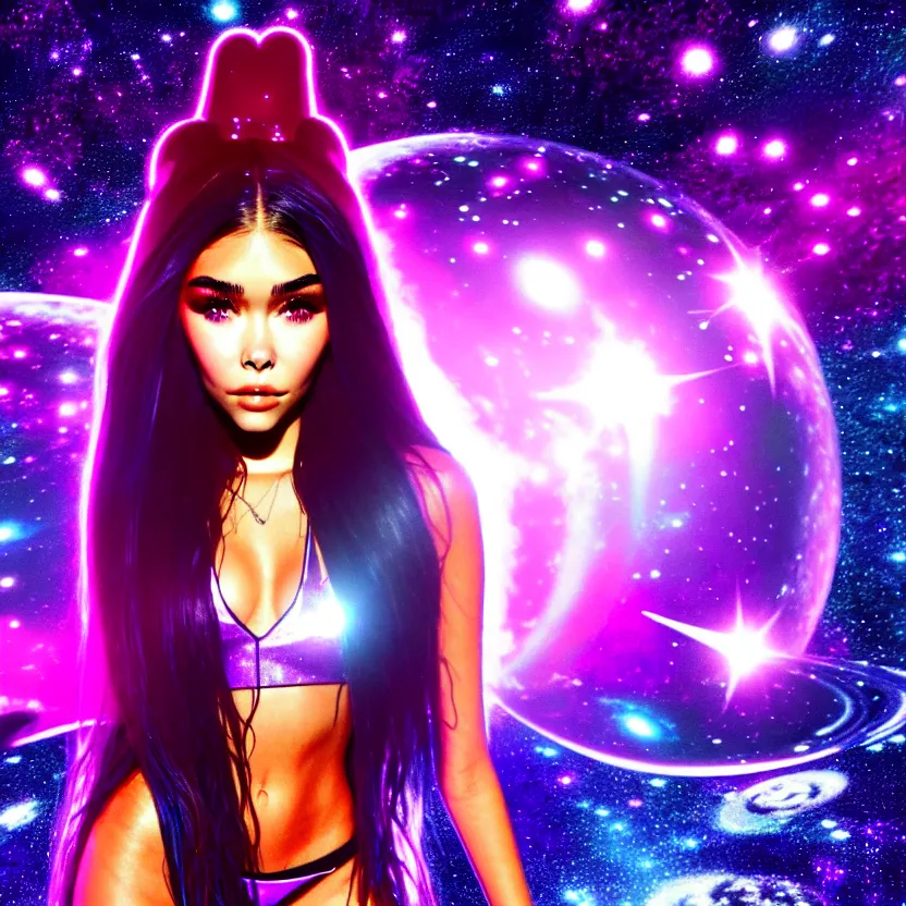 Image similar to madison beer a an intergalactic popstar dancing on a planet, render, blender render, unity render, 4 k wallpaper, art station trending, artstation 4 k coherent, coherent, 4 k, detailed, hyperdetailed, artifact - free, completely coherent, sharp, madison beer