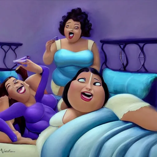 Image similar to stunning, coherent, beautiful painting, still of a group of bbw women taking a picture of each other posing in the same bed , they are all laying down , 3d, in the style of pixar, comic book cover, 3d, highly detailed, highly detailed, sharp focus, bokeh, depth of field, 16k resolution, Unreal Engine 5, coherent, cinematic lighting, photorealistic, by Zhang Jingna