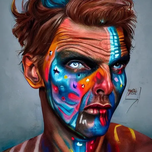 Image similar to a man with painted face and body art, a character portrait by sam spratt, featured on cgsociety, psychedelic art, detailed painting, behance hd, apocalypse art