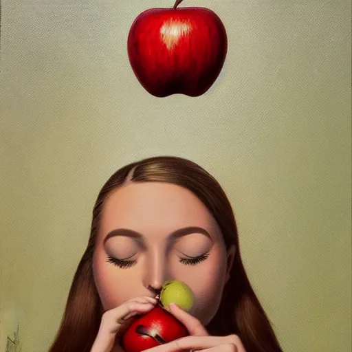 Prompt: a painting of a woman with an apple in her mouth, an ultrafine detailed painting by rafal olbinski, behance contest winner, pop surrealism, detailed painting, skeuomorphic, airbrush art