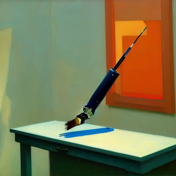 Prompt: a beautiful illustration of a robotic arm holding a paintbrush in front of a canvas by Edward Hopper, clean lines, very detailed, colorful octane render