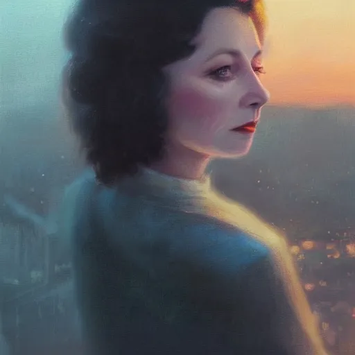 Prompt: a closeup portrait of a young vivian leigh, 1 9 7 0 s, city background, gorgeous view, sunset, film noir, depth, by seb mckinnon, by greg rutkowski, by igor kieryluk, digital art, trending on artstation