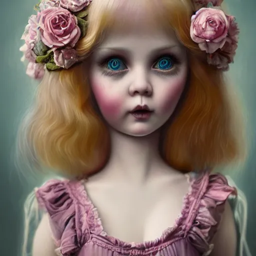 Image similar to cute porcelain doll natalie domer, mark ryden style, vivid colors, high details, cinematic, 8 k resolution, beautiful detailed, photorealistic, digital painting, dark atmosphere, artstation, concept art, smooth, sharp focus, illustration, fantasy background, artstation trending, octane render, unreal engine